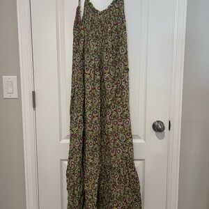 Anthropologie Green and Red Patterned Maxi Dress